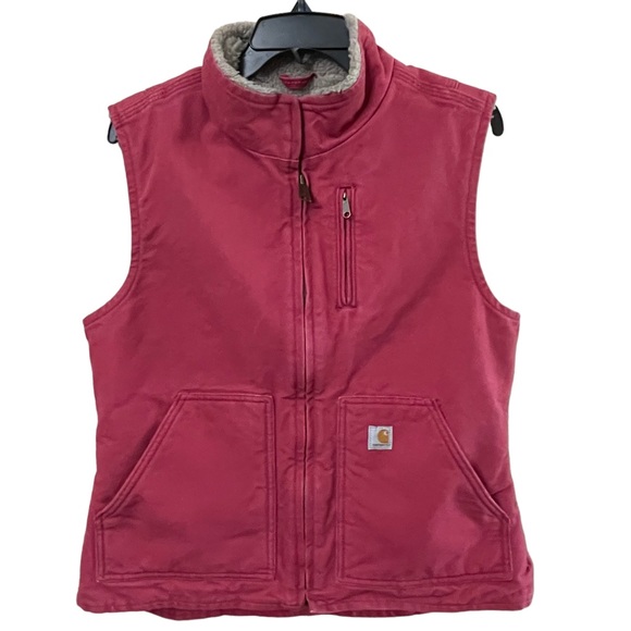 Carhartt Sherpa Lined Duck Canvas Mock Neck Vest Jacket Sz Med Crab Apple WV001 - Picture 1 of 12